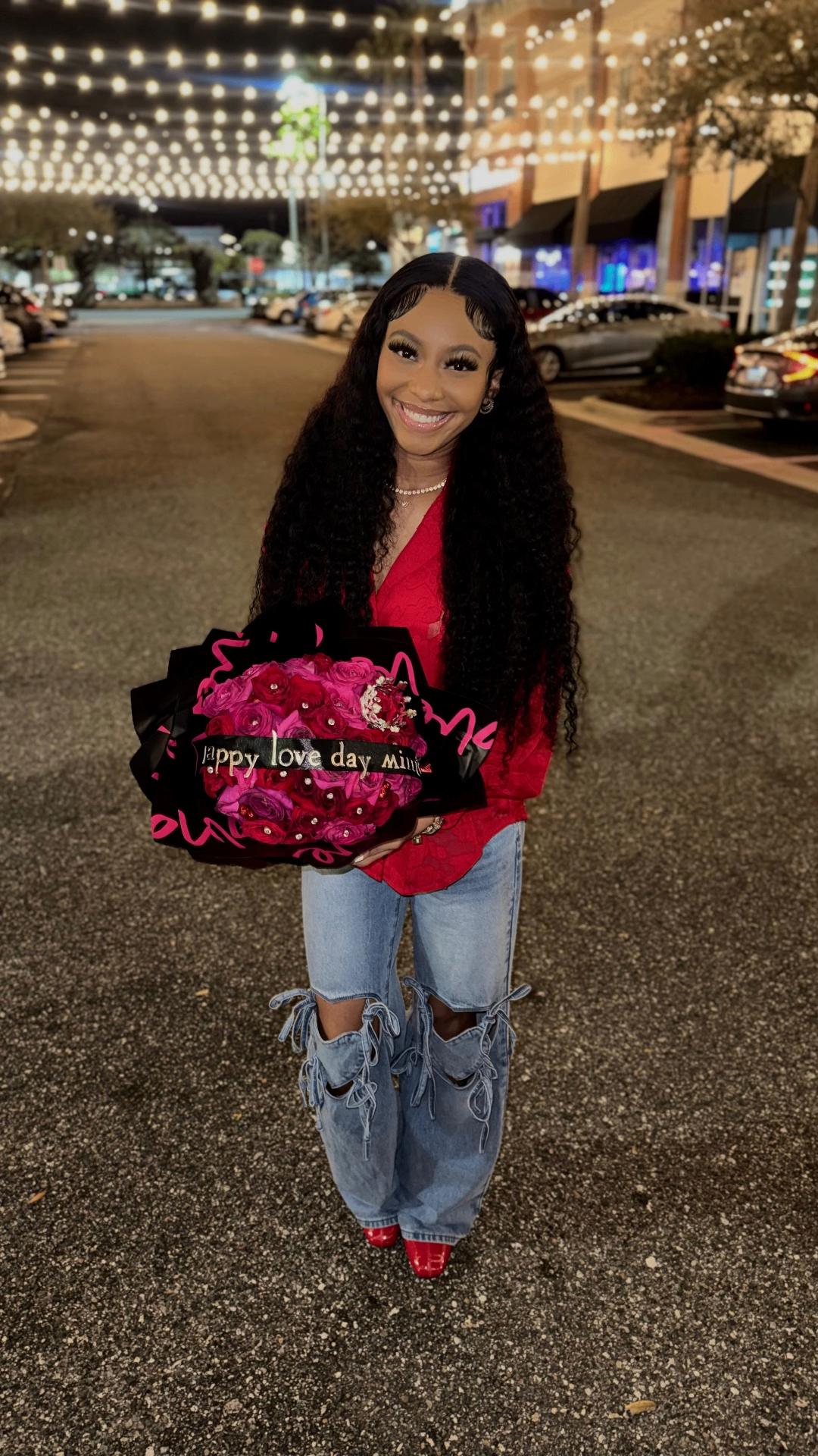Happy Love Day — client with red & pink bouquet