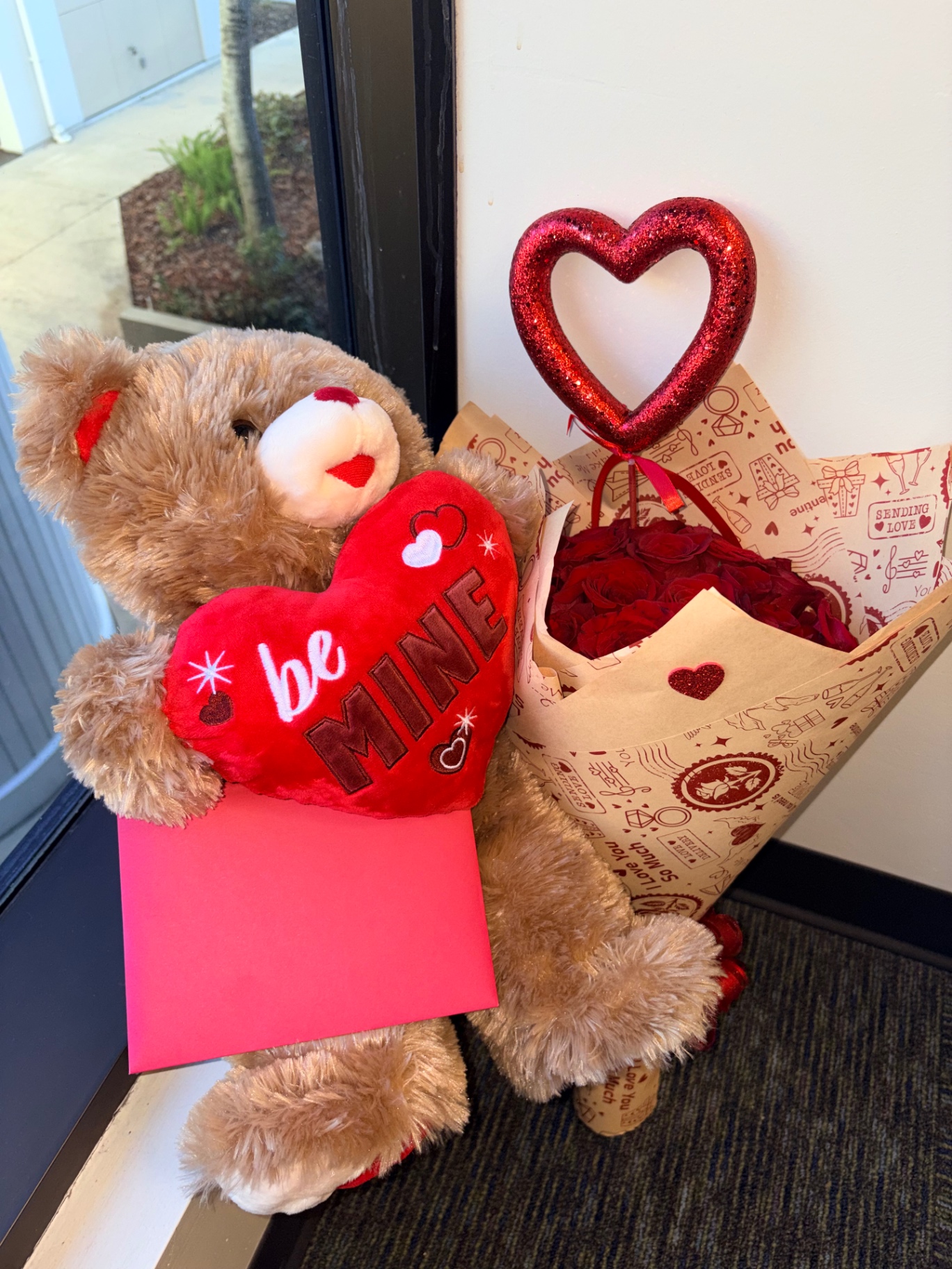Valentine gift set with teddy bear and red rose bouquet