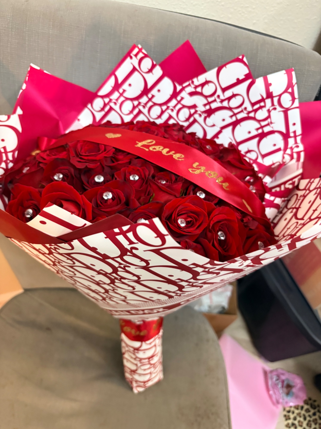 Love You red rose bouquet with crystal centers