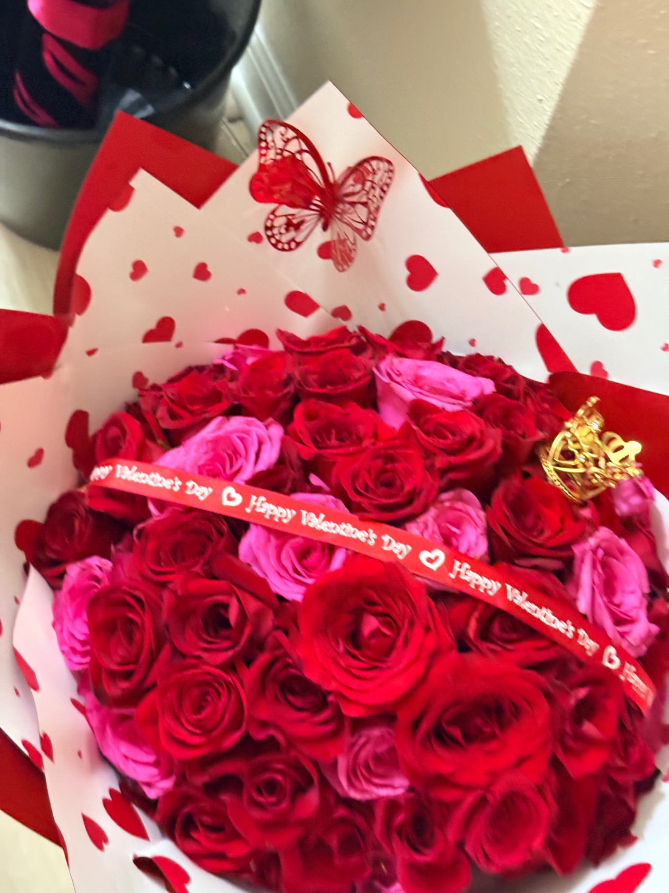 Red and pink Valentine bouquet with crown detail