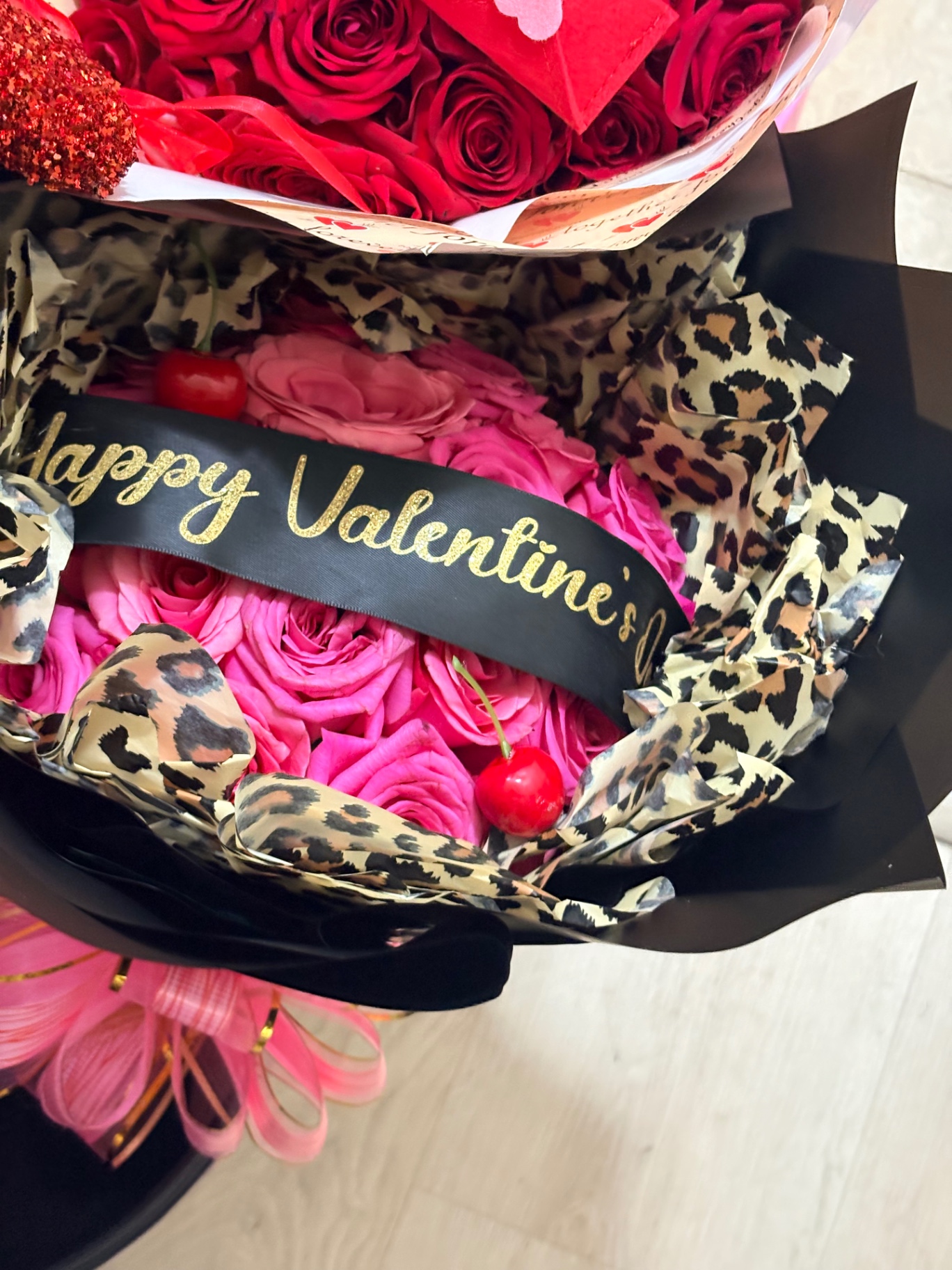 Leopard wrap Valentine bouquet with pink roses