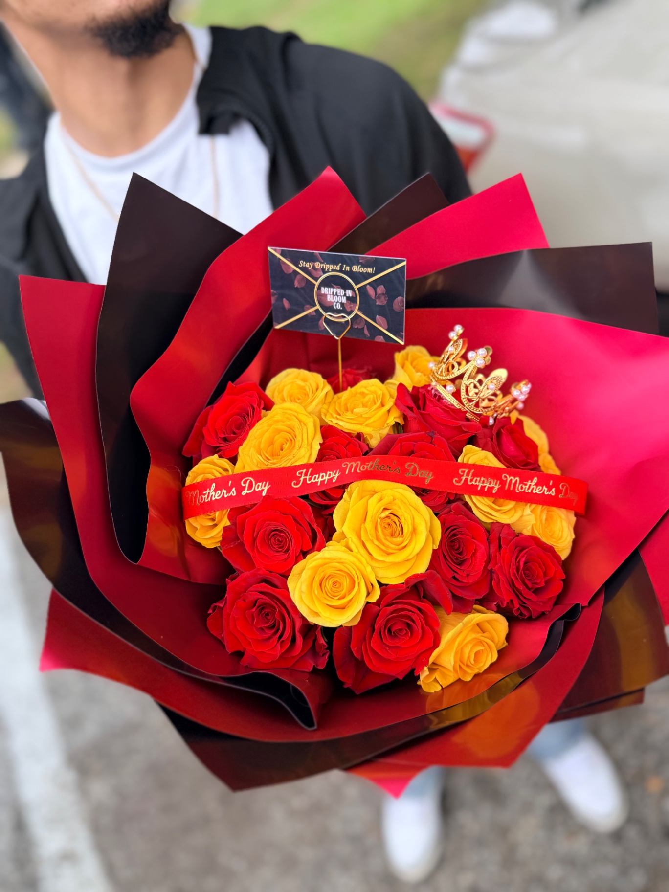 Happy Mother's Day — red & yellow roses with crown