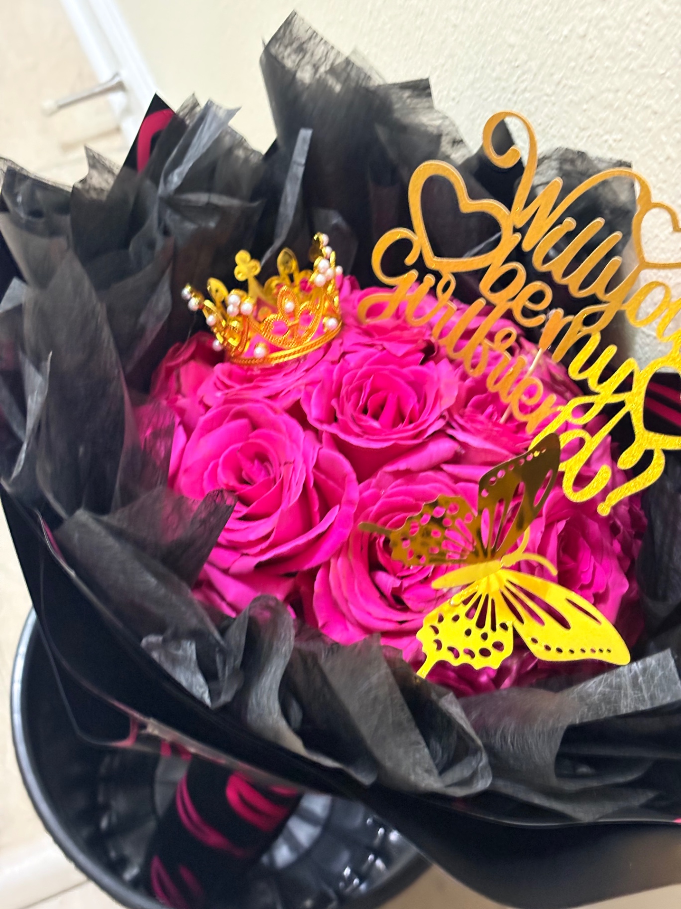 My Valentine pink rose bouquet with gold accents