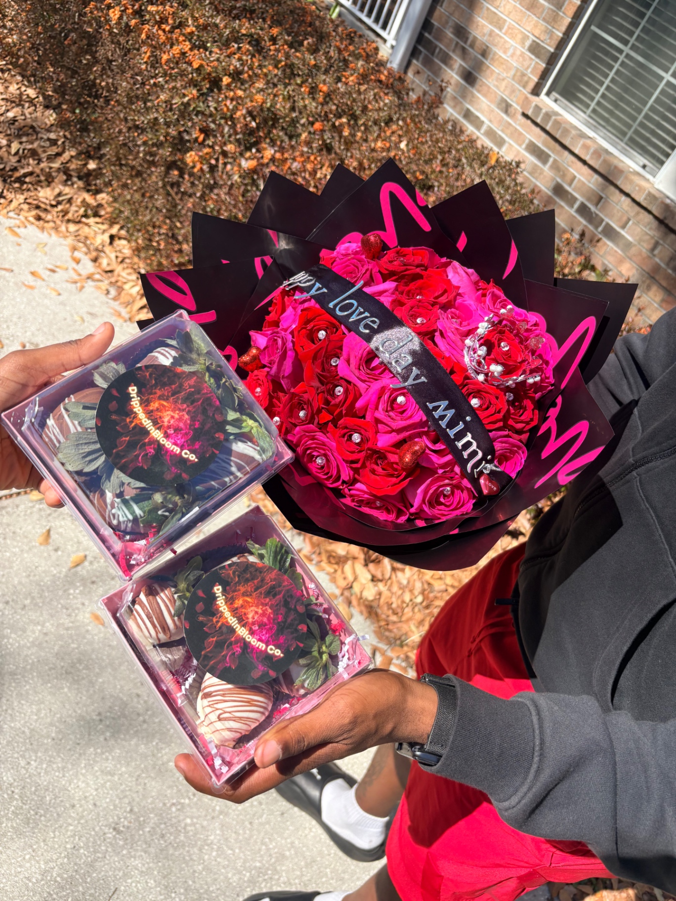 Hot pink Valentine bouquet with chocolate-covered strawberries