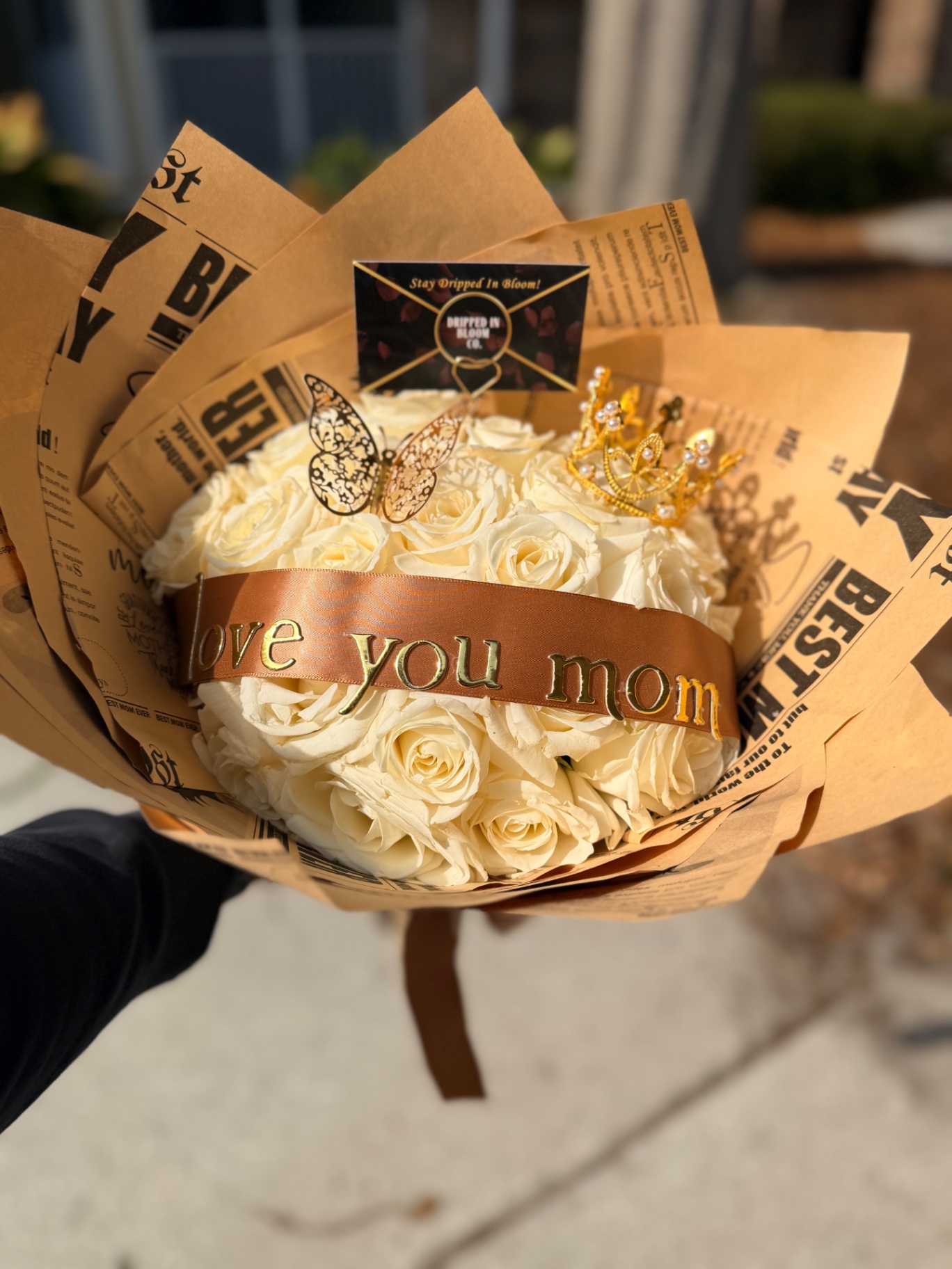 Love You Mom — white roses newsprint wrap