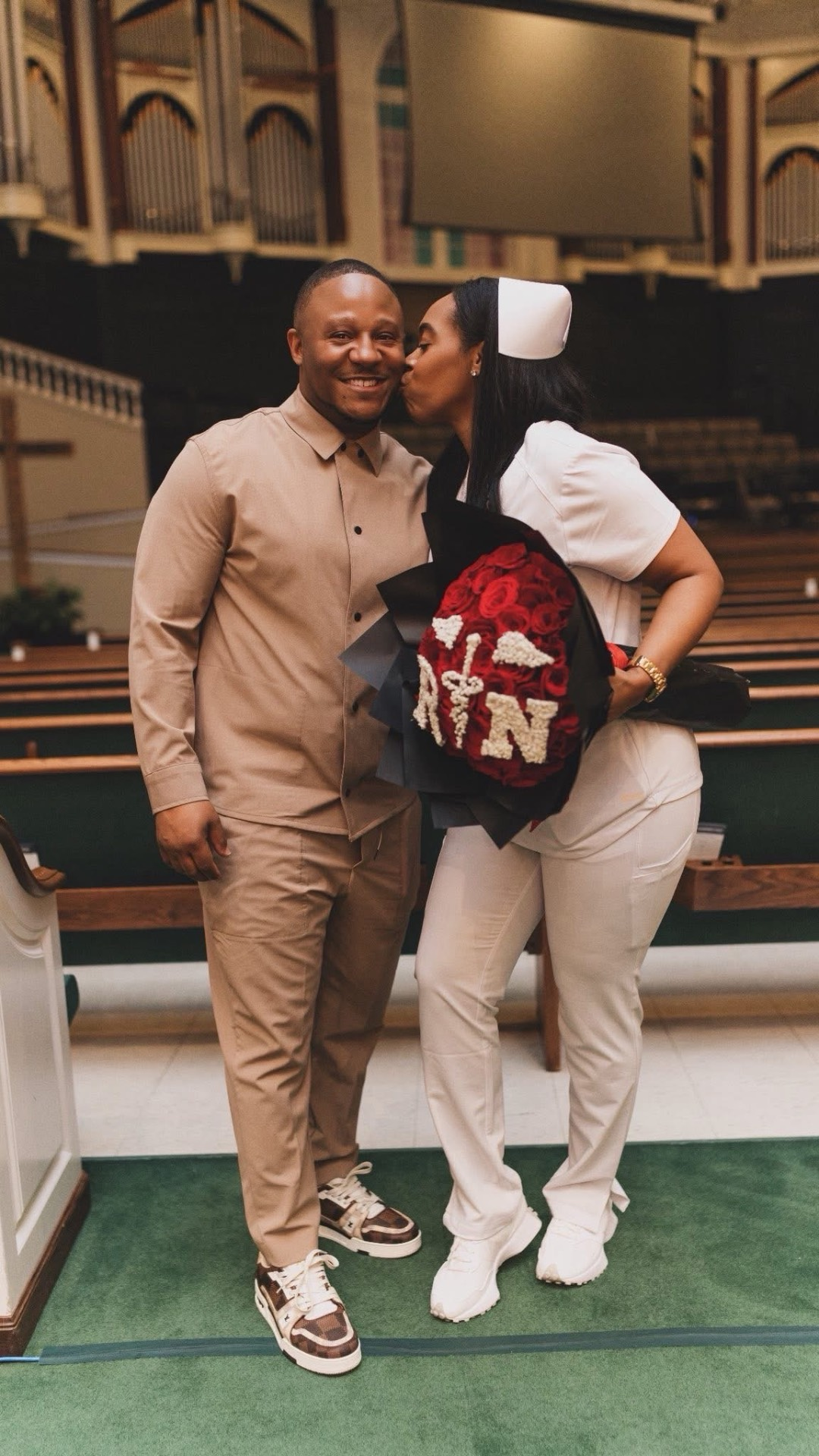 RN graduation bouquet with couple portrait
