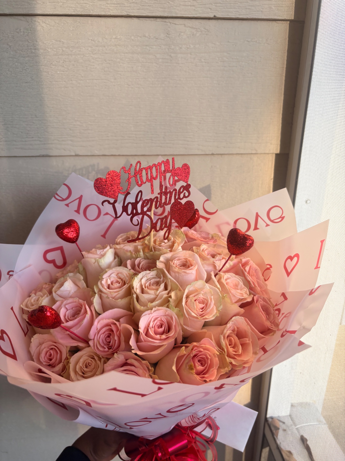 Blush pink Valentine bouquet with glitter topper