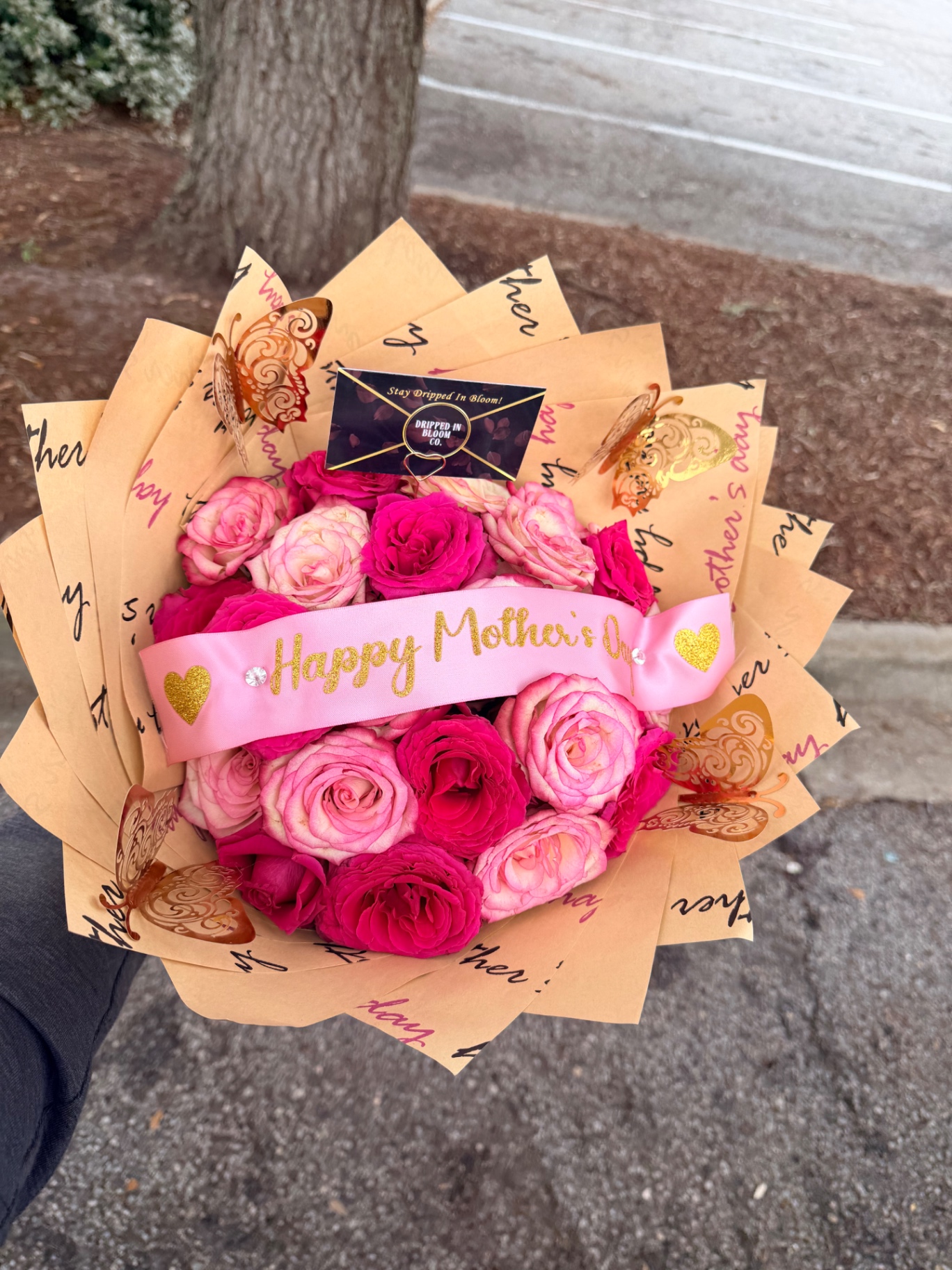 Happy Mother's Day — pink roses with butterflies